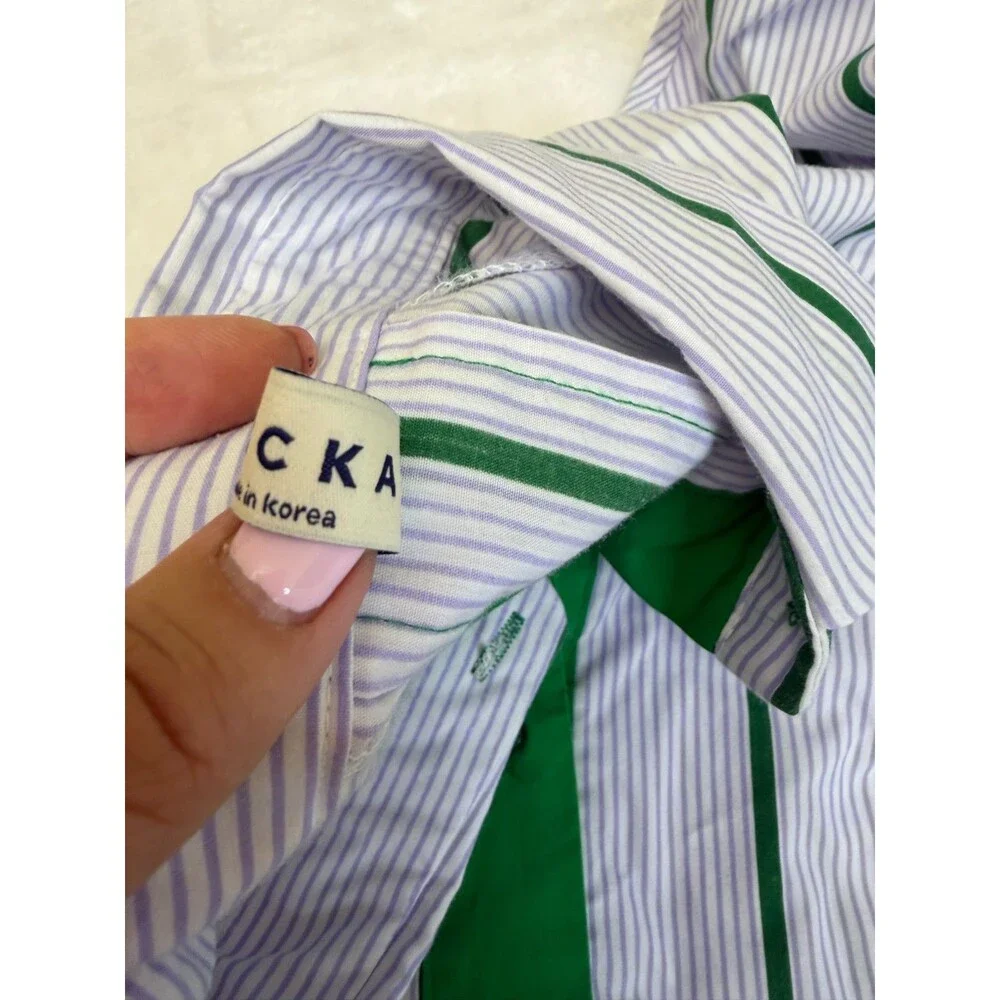 FLICKA Korea Stripe Shirt Dress Green Lavender White Balloon Sleeve Oversized OS